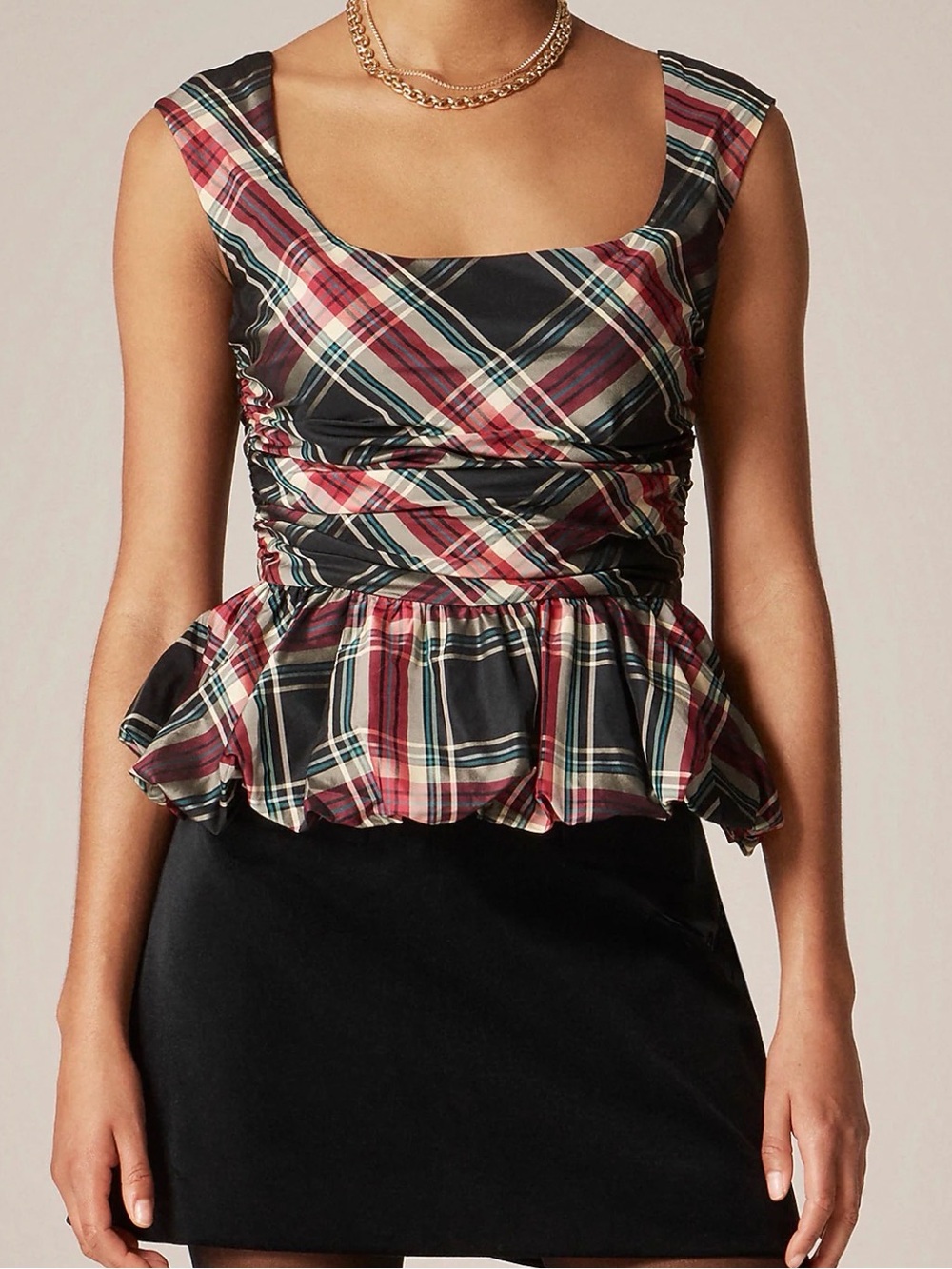 J. CREW Scoopneck Bubble-Hem Tank Top in Tartan Red & Black Sz. 4 NWT $198 CQ188